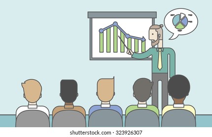 The man with a beard presenting his report through infographics in office. Reporting concept. Vector line design illustration. Horizontal layout with a text space.