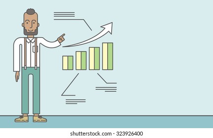 The man with a beard presenting his report through infographic. Reporting concept. Vector line design illustration. Horizontal layout with a text space.