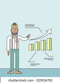 The man with a beard presenting his report through infographic. Reporting concept. Vector line design illustration. Vertical layout with a text space.