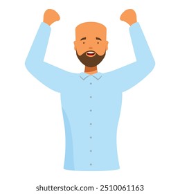 Man with a beard is raising his arms in a celebratory gesture, expressing joy and excitement