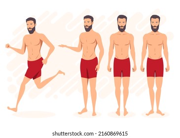 A man with a beard in red shorts, several poses.