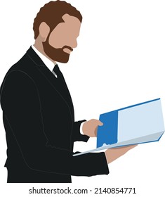 A man with a beard referring a note in a file wearing a blazer