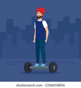 man with beard riding electric scooter