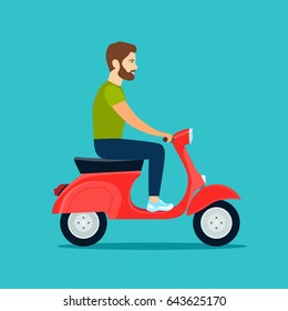 Man with beard riding retro scooter. Vector flat illustration