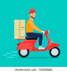 Man with beard riding retro scooter. Fast  delivery. Vector flat illustration