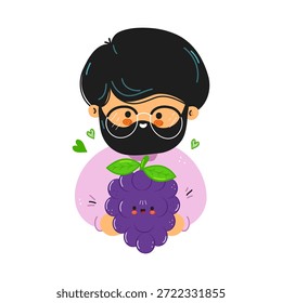 Man with a beard and round glasses lovingly holding a cute bunch of grapes, expressing a love for healthy food, fruit, and nature in a charming cartoon style illustration