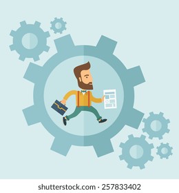 The man with a beard is running inside the gear. Business in action concept. Vector flat design Illustration.