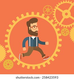 The man with a beard is running inside the gear. Business in action concept. Vector flat design Illustration.