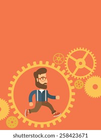 Der Mann mit Bart läuft im Getriebe. Business in Action Konzept. Vektorflachdesign-Illustration. Vertikales Layout mit einem Textbereich oben.