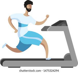 A man with a beard running on a treadmill. Fitness and healthy lifestyle. Vector illustration in flat style.