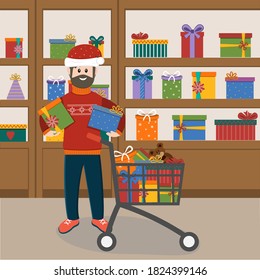 A man with a beard and a Santa Claus hat in a gift shop makes purchases in a shopping basket, color vector illustration on a blue background in the flat style, banner, poster, clipart, design