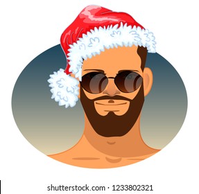 man with a beard with a santa hat, funny avatar, handsome man, macho, cool guy, sunglasses, hipster