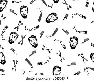 Man with a beard, scissors and comb vector pattern.