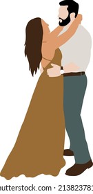 A man with a beard in a shirt and trousers hugs his woman in a long dress