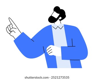 A man with a beard, short hair, and a blue suit points upward with one finger, suggesting focus or direction. Ideal for business presentations, instructional guides, advertisements, website illustrati