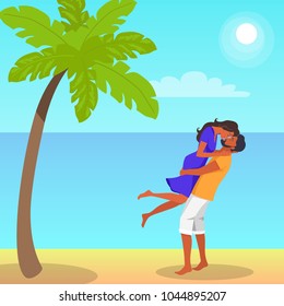 Man with beard in shorts lifts his girlfriend in purple dress and kisses on the seaside under palm tree vector illustration on background of sea and sky