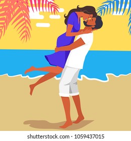 Man with beard in shorts lifts his girlfriend in purple dress and kisses on the seaside under palm tree vector illustration on background of sea and sky