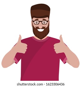 Man with a beard shows a thumb up like sign. Cartoon vector illustration, flat design