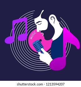 Man with beard singing jazz music. Flat minimal illustration card for festival or club. Vinyl disc and notes background