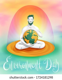 Un hombre con barba sentado en el loto posó con cuidado con un planeta tierra. Fondo colorido - cielo y nubes. Carteles ambientales del día.