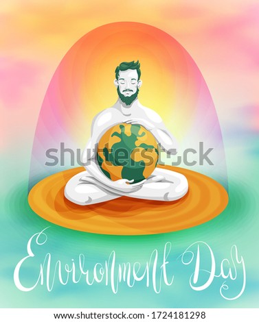 A man with a beard sit in lotus pose holding a planet earth with care. Colorful background - sky and clouds. Enviromental day lettering. Stock photo © 