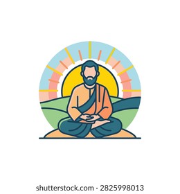 A man with a beard sits in a cross-legged meditation pose, eyes closed, with hands resting on his lap.