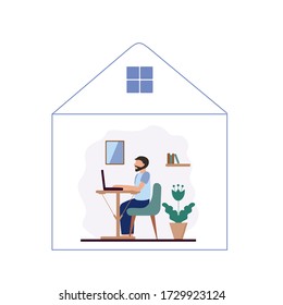 A man with a beard sits on a chair and works at a laptop. A person works at home on a computer. Flat vector illustration. The concept of freelancing, working at home, online learning