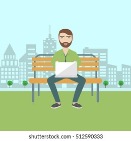 Man with beard sitting in the park and working with laptop. Flat modern illustration of social networking and texting to friends