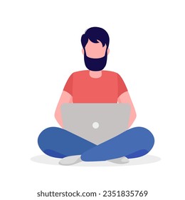 Hombre con barba sentado y trabajando en el ordenador. Ilustración vectorial en estilo plano. Aislado sobre fondo blanco.	
