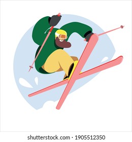 Man with a beard skiing in a freestyle jump 

