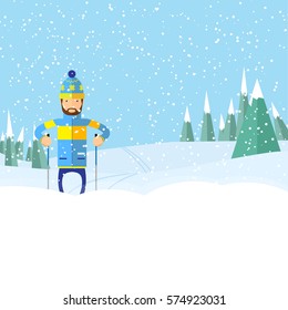 Man with beard slide on snow way.Winter forest landscape.flat design for your vector illustration
