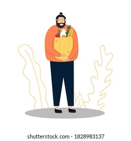 Hombre con barba sonriendo. Un tipo con comestibles, con bolsas de compras en sus manos. Ilustración plana.
