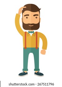 A man with beard standing with hand on his head having a problem in business, difficulties on how to solve his problem. A contemporary style. Vector flat design illustration isolated on white