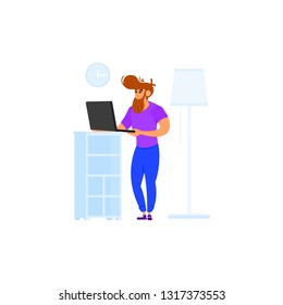 A man with a beard is standing with a laptop and working on it. On the background of the interior. Flat design