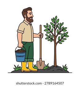 The man with a beard is standing next to a growing tree. He is holding a garden shovel in his right hand and a bucket of compost in his left. Flat vector mascot illustration.