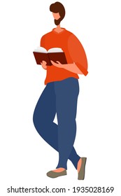 A man with a beard is standing and reading a book. The character is holding an open book in both hands in a relaxed position. Vector isolated on white, style is flat.