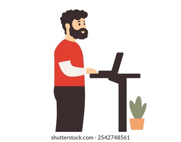a man with a beard stands at a table and works on his computer. minimalist vector graphic