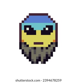 Man with beard and strange eyes, barbershop logo, old man face, pixel art icon emoticon cartoon character. 8-bit flat style. Isolated abstract vector illustration.