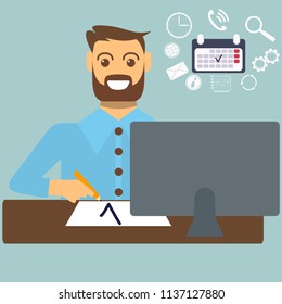 A man with the beard studying sitting in front of computer and taking some planning calendar vector flat design illustration. Vertical layout.