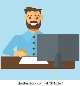 A man with the beard studying sitting in front of computer and taking some notes vector flat design illustration. Vertical layout.