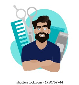 A man with a beard and stylish hairstyle in a blue T-shirt. Vector image for a barbershop and a site about a man's beard. Portrait of a man with hairdressing supplies on a white isolated background.