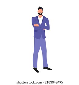 A man with a beard in a stylish suit stands with crossed arms. Flat vector illustration isolated on a white background.