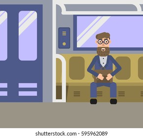 Man with a beard in the subway carriage flat vector illustration. Office worker in the underground carriage.
