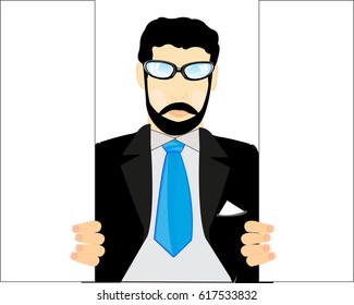Man with beard and in suit in opened door