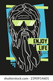 Man with beard in sunglasses. Enjoy life every moment. Bright print for men's t-shirt. Vector illustration.