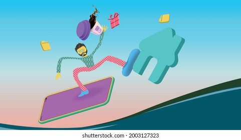 A man with a beard is surfing on a mobile phone with a cup of coffee in his hands. Vector banner