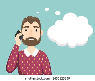 A man with a beard in a sweater over his shirt talking on a mobile phone. Dream bubble.