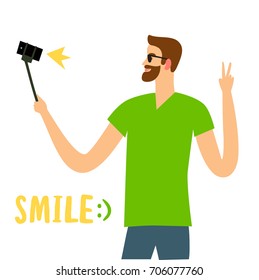 Man with beard taking self photo with mobile phone. Character illustration for your design.