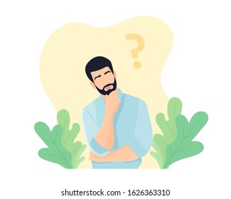 Man with beard thinking about something. Question mark and leaves decoration. Planning concept. Thoughtful man. Man in doubt. Pale blue shirt. Decision making concept - Flat vector illustration.