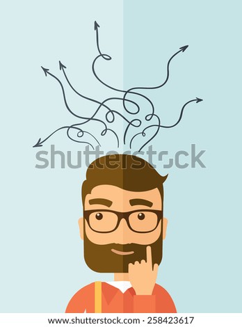 The man with a beard thinking of choice. Decision concept. Vector flat design illustration. Vertical layout.